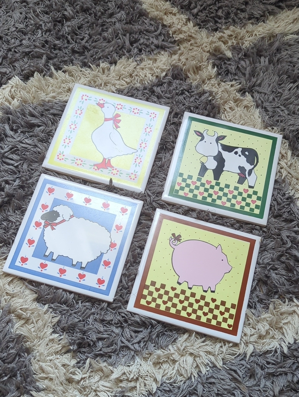Farm Animal Ceramic Coasters - Duck, Cow, Sheep, Pig Grannycore Vintage Kitchen